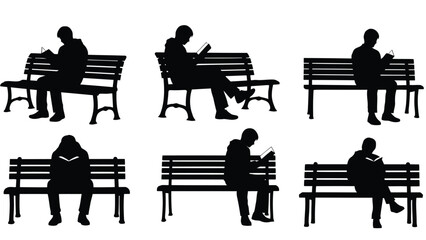 Collection of flat vector silhouettes showing various men and youths sitting on park benches, reading books,, isolated on white background