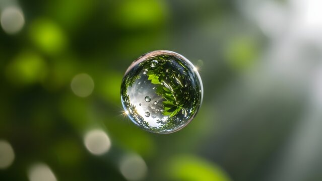 Clear Glass Ball with Green Leaves Reflection