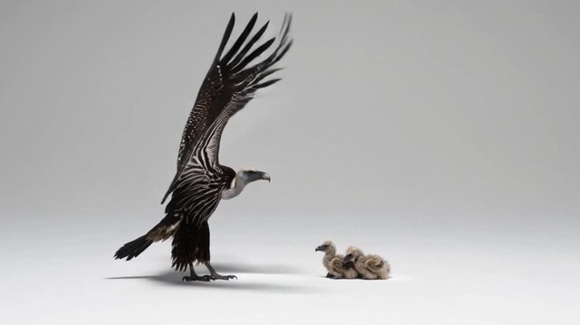 Vulture with big wings and two chicks