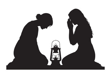 Two figures in silhouette kneeling in prayer around a lantern isolated on white background