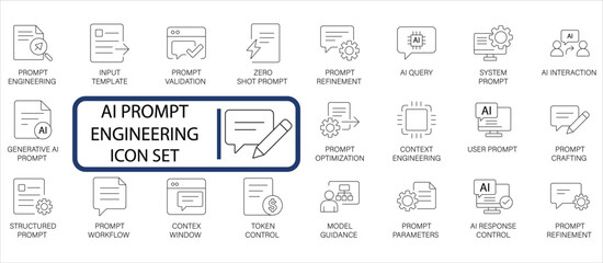 AI Prompt Engineering Icon Set. Generative AI, Prompt Optimization, and Model Guidance. Modern icons for large language models, AI interaction, and context control concepts. © Pixel Flat Design