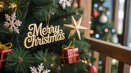 Close-Up of Christmas Tree with Merry Christmas Ornament Gift Box and Festive Holiday Decorations
