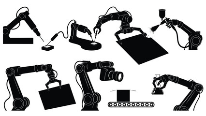 Flat vector illustration of black industrial robot arms performing automated manufacturing, assembly, painting,, isolated on white background