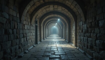 Fototapeta premium Ancient Stone Archway Corridor Tunnel with Dramatic Light