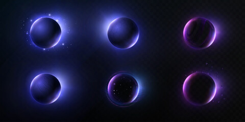 Fototapeta na wymiar Bright, glowing circles, spheres, and energy rings with backlighting and an internal glow of purple-blue hues. Vector circles and portals for HUD interfaces, game design, and futuristic overlays
