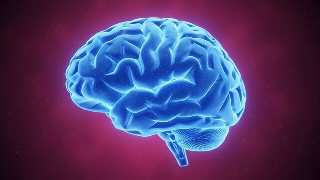Glowing blue human brain on red background
