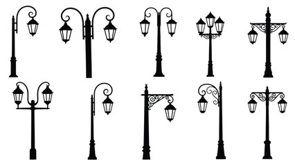 Elegant black street lamp silhouettes with ornate posts, classic lantern designs, ideal for vintage urban and park, isolated on white background