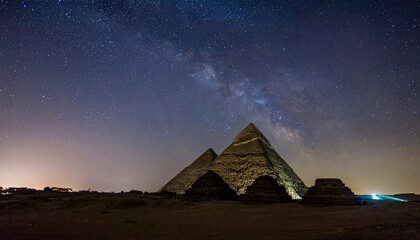 Egyptian pyramids, illuminated starry night sky with Milky Way, dramatic lighting, mystical ancient