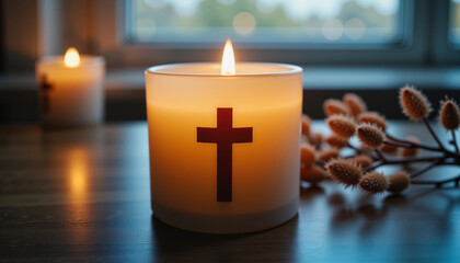 Candle with cross design burning on wooden table for Suicide Loss Day  