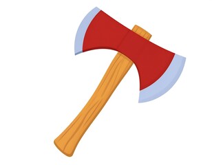 Cartoon axe with red head and wooden handle, angled upwards on a white background, illustration