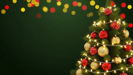 Decorated christmas tree with lights and ornaments against a green background