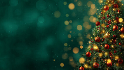 Decorated christmas tree with red ornaments and lights on a green background