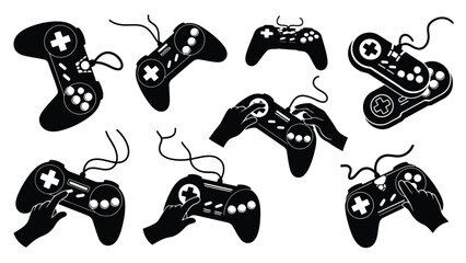 Black video game controllers with white buttons and cables, some held by silhouette hands, depicting gaming, isolated on white background