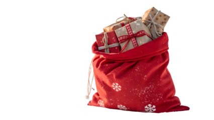 Red christmas present bag with gifts, closeup object. Isolated on transparent background. New Year celebration
