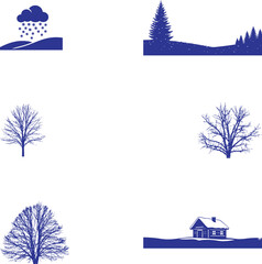 Winter Scenery Set in Blue with Bare Trees Snow Cloud and Cozy Cabin Illustration