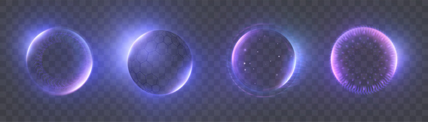 A set of glowing neon magical spheres with blue and purple halos on a transparent background. Abstract energy balls for interfaces, game effects, and magical elements. © MAKSYM