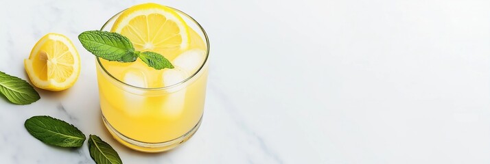Fresh cold lemonade with ice cubes in glass, garnished with lemon slice and mint leaves. Summer refreshing drink