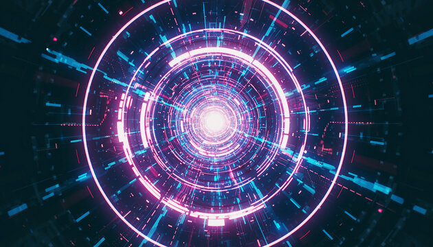 Digital Tunnel of Light: An immersive digital tunnel created with geometric shapes. it evokes a sense of futuristic technology, virtual reality and cyberspace.