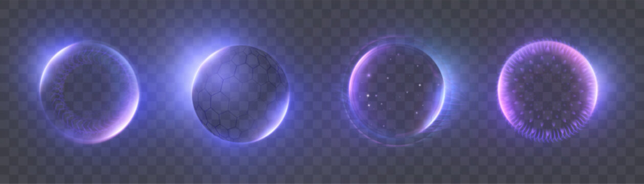A set of glowing neon magical spheres with blue and purple halos on a transparent background. Abstract energy balls for interfaces, game effects, and magical elements.