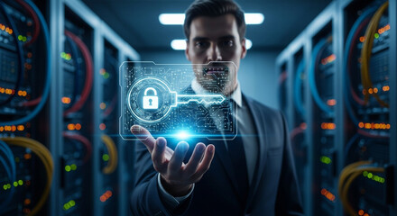 Elegant businessman presenting secure cybersecurity solution in server room, offering peace of mind with advanced data protection and cutting edge technology