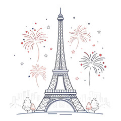 Fototapeta premium A minimal Eiffel Tower design accented with small abstract fireworks creating a festive modern visual highlighting