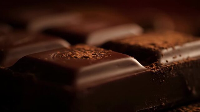 Close-up of dark chocolate squares with cocoa powder detail