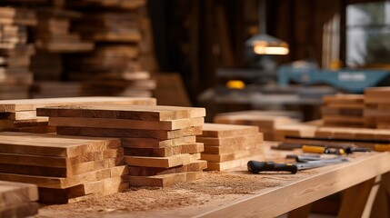 A workshop where pallets are being disassembled for reclaimed wood projects, boards neatly stacked and tools arranged on a bench — circular economy design, pallet recycling, and sustainable