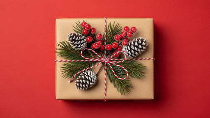 Christmas gift wrapped in brown paper with pine cones and red berries on red background