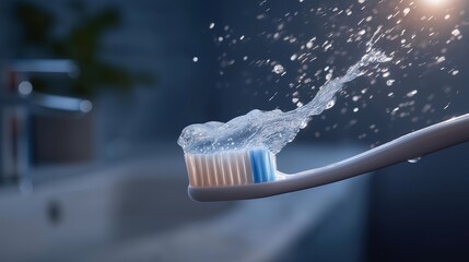 A toothbrush making contact with a single tooth in a dramatic water-splash close-up, representing deep cleaning, plaque removal, and daily dental routine — oral hygiene, tooth care, and clean