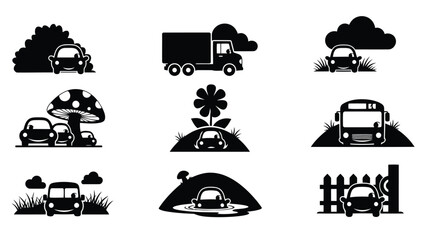 Obraz premium Collection of cute flat vector silhouette illustrations featuring various smiling cartoon cars, a delivery truck, and a, isolated on white background