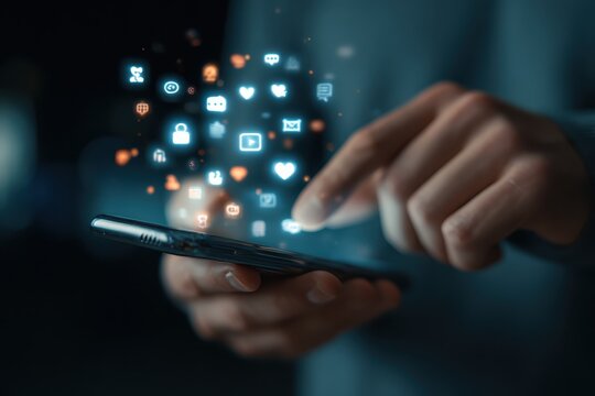 Man engages with social media content using smartphone at night in a modern urban setting