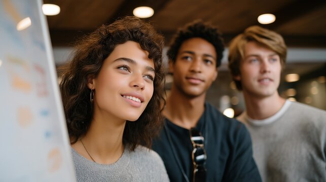A multicultural group of language learners creating a hybrid “living dictionary” on a whiteboard, teaching each other idioms and expressions unique to their cultures — linguistic diversity, global