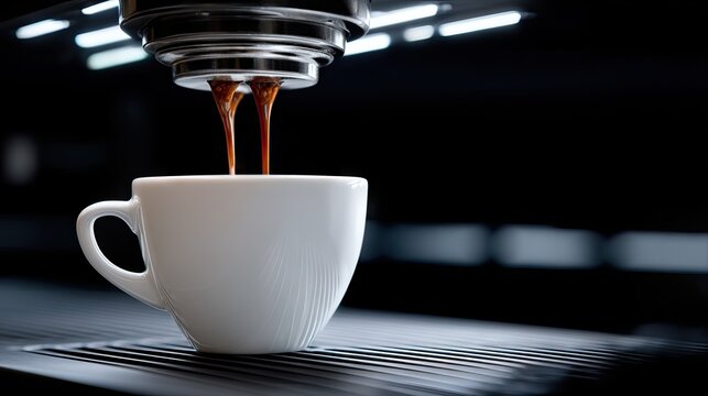 Freshly brewed espresso pours smoothly into a white cup at a cozy cafe during the morning rush hour