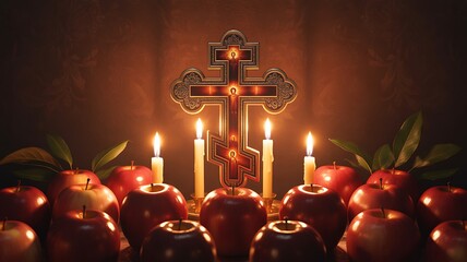 Orthodox Cross with Burning Candles and Red Apples in Warm Spiritual Candlelight Setting
