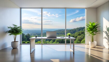 Modern office space with a breathtaking panoramic view of a lush green landscape and blue sky, providing an ideal environment for remote work and thoughtful contemplation