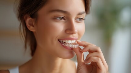 Fototapeta premium An orthodontist adjusting clear aligners on a patient’s teeth, explaining how each set gradually shifts tooth position — modern orthodontics, tooth alignment, and invisible braces technology.