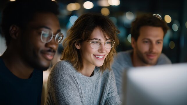A team of software developers reviewing results after completing a week-long sprint, celebrating a functional prototype displayed on a screen — agile success, tech teamwork, and fast-paced