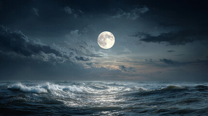 Obraz premium A serene seascape under the glow of the full moon, evokes a sense of peace and wonder. The waves gently crash, and the night sky is filled with clouds
