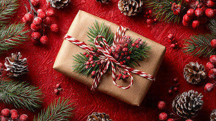 Overhead shot of a christmas gift wrapped in brown paper with holiday decorations
