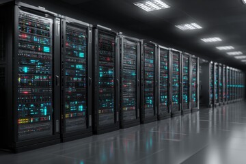 Network servers lined in a modern data center with glowing indicators and organized setups in a controlled environment