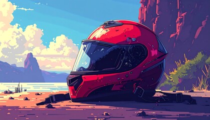 Red Motorcycle Helmet on Desert Beach.