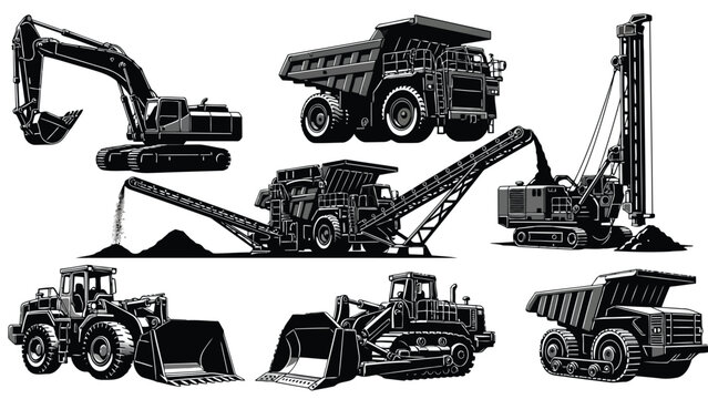 Flat vector illustration of heavy construction and mining equipment set, featuring excavators, dump trucks, drilling, isolated on white background