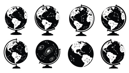 Obraz premium Stylized black and white globes with terrestrial maps and constellations, plus one galaxy globe, in a flat vector, isolated on white background