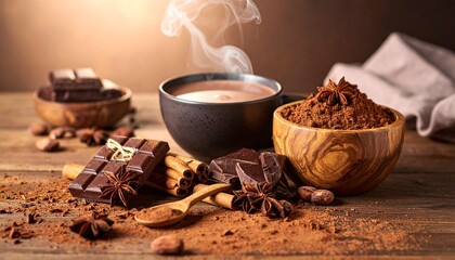 A close-up scene of rich, dark cocoa elements arranged beautifully on a wooden table.