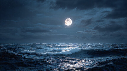 A captivating night view of the moon over the sea, with dark clouds in the sky