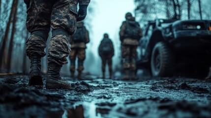 Troops trek through a challenging terrain as fog envelops the forest, showcasing determination and resilience