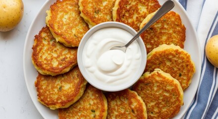 Golden brown apple fritters served on a white platter with a bowl of sour cream and a spoon