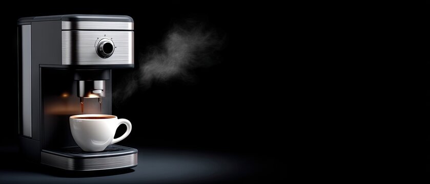 Coffee brewing in a sleek machine with steam rising from a white cup on a dark background in a modern kitchen setting - Powered by Adobe