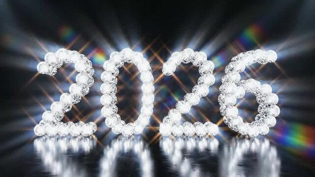Luxury 3D animation of sparkling diamonds falling to form the year 2026 on a black background for wealthy new year celebration theme