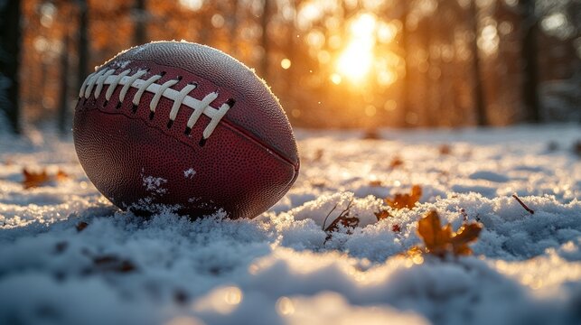 A football lies surrounded by fresh snow and colorful autumn leaves, illuminated by the warm glow of a setting sun